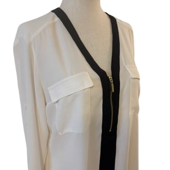 Express Portofino Blouse Medium White Black Trim Zip Front Long Sleeve Top - Picture 2 of 8